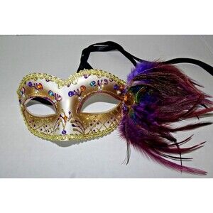 HANDPAINTED VENETIAN MAQUERADE GOLD MASK WITH PEACOCK & PURPLE FEATHERS